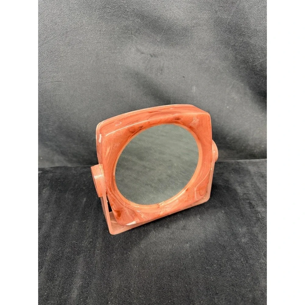 Vintage 80's Vanity Mirror Pink Marble Lucite Plastic Magnifying Swivel Retro